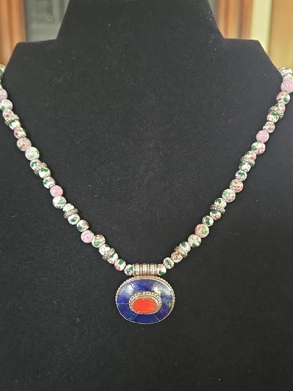 Handcrafted .800 Tibetan Silver Lapis and Red Coral Pendant Necklace